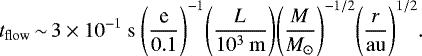 \begin{equation*} t_{\rm{flow}}\,{\sim}\,3 \times 10^{-1} \ \rm{s} \ \Bigg(\frac{\mathit{\textrm{e}}}{0.1}\Bigg)^{-1} \Bigg(\frac{\mathit{L}}{10^3 \ \rm{m}} \Bigg) \Bigg(\frac{\mathit{M}}{\mathit{M}_{\odot}}\Bigg)^{-1/2} \Bigg(\frac{\mathit{r}}{\rm{au}} \Bigg)^{1/2}. \end{equation*}