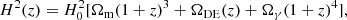 $$ \begin{aligned}&H^{2}(z) = H_{0}^{2}[\Omega _{\rm m}(1+z)^{3}+\Omega _{\rm DE}(z)+\Omega _{\gamma }(1+z)^{4}], \end{aligned} $$