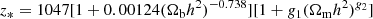 $$ \begin{aligned} z_{*}&= 1047[1+0.00124(\Omega _{\rm b}h^{2})^{-0.738}][1+g_{1}(\Omega _{\rm m}h^{2})^{g_{2}}] \end{aligned} $$