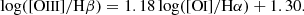 $$ \begin{aligned}&\log ([{\text{O}}{\small {{\text{III}}}}]/\mathrm H\beta ) = 1.18\log ([{\text{O}}{\small {{\text{I}}}}]/\mathrm H\alpha ) + 1.30. \end{aligned} $$