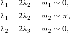 $$ \begin{aligned} \begin{aligned} \lambda _1-2\lambda _2+\varpi _1&\sim 0,\\ \lambda _1-2\lambda _2+\varpi _2&\sim \pi ,\\ \lambda _2-2\lambda _3+\varpi _2&\sim 0, \end{aligned} \end{aligned} $$