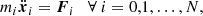 $$ \begin{aligned} m_i\ddot{{\boldsymbol{x}}}_i = {\boldsymbol{F}}_i\quad \forall \ i=0,1, \ldots ,N, \end{aligned} $$