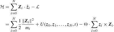 $$ \begin{aligned} \begin{aligned} \mathcal{H}&= \sum _{i=0}^N{\boldsymbol{Z}}_i\cdot \dot{{\boldsymbol{z}}}_i - \mathcal{L} \\&= \sum _{i=0}^N\frac{1}{2}\frac{\Vert {\boldsymbol{Z}}_i\Vert ^2}{m_i} + U({\boldsymbol{z}}_0,{\boldsymbol{z}}_1, \ldots ,{\boldsymbol{z}}_N,t) - \mathbf \Theta \cdot \sum _{i=0}^N{\boldsymbol{z}}_i\times {\boldsymbol{Z}}_i. \end{aligned} \end{aligned} $$