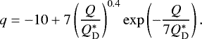 \begin{equation*} q=-10&#x002B;7\left(\frac{Q}{Q_{\text{D}}^{*}}\right)^{0.4}\exp\left(-\frac{Q}{7Q_{\textrm{D}}^{*}}\right). \end{equation*}