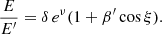 $$ \begin{aligned} \frac{E}{E^{\prime }} = \delta \, e^{\nu } (1+\beta ^{\prime }\cos \xi ) . \end{aligned} $$