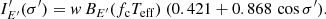 $$ \begin{aligned} I^{\prime }_{E^{\prime }}(\sigma ^{\prime }) = w\, B_{E^{\prime }}(f_{\rm c} T_{\rm eff}) \ (0.421+0.868\,\cos \sigma ^{\prime }). \end{aligned} $$