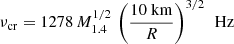 $$ \begin{aligned} \nu _{\rm cr} = 1278\,M_{1.4}^{1/2}\, \left(\frac{10~\mathrm{km}}{R}\right)^{3/2}\,\text{ Hz} \end{aligned} $$