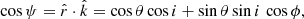 $$ \begin{aligned} \cos \psi = \hat{r} \cdot \hat{k}= \cos \theta \cos i + \sin \theta \sin i\,\cos \phi , \end{aligned} $$