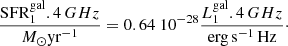 $$ \begin{aligned} {\mathrm{SFR}^\mathrm{gal} _\mathrm 1.4\,GHz \over {M_\odot \mathrm{yr} ^{-1}}}= 0.64\ 10^{-28} {L^\mathrm{gal} _\mathrm 1.4\,GHz \over \mathrm{erg}\,\mathrm{s}^{-1}\,\mathrm{Hz}}\cdot \end{aligned} $$
