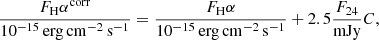 $$ \begin{aligned} {F_\mathrm H\alpha ^\mathrm{corr} \over 10^{-15}\,\mathrm{erg}\,\mathrm{cm}^{-2}\,\mathrm{s}^{-1}} = {F_\mathrm H\alpha \over 10^{-15}\,\mathrm{erg}\,\mathrm{cm}^{-2}\,\mathrm{s}^{-1}} + 2.5 {F_{24}\over \mathrm{mJy} } C ,\end{aligned} $$