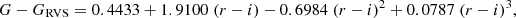 $$ \begin{aligned} G-G_{\rm RVS} = 0.4433 + 1.9100\; (r-i) - 0.6984\; (r-i)^2 + 0.0787\; (r-i)^3, \end{aligned} $$