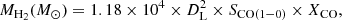 $$ \begin{aligned} M_{\mathrm{H}_{2}}(M_{\odot }) = 1.18 \times 10^{4} \times D^{2}_{\rm L} \times S_{\rm CO(1-0)} \times X_{\rm CO} , \end{aligned} $$