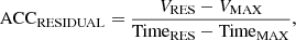 $$ \begin{aligned} \mathrm{ACC}_{\rm RESIDUAL}={{V_{\rm RES}-V_{\rm MAX}} \over {\mathrm{Time}_{\rm RES}-\mathrm{Time}_{\rm MAX}}}, \end{aligned} $$
