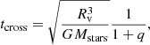 $$ \begin{aligned} t_{\rm cross} = \sqrt{\frac{R_{\rm v}^3}{G M_{\rm stars}}} \frac{1}{1+q}, \end{aligned} $$