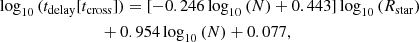 $$ \begin{aligned} &\log _{10}{(t_{\rm delay}[t_{\rm cross}])}=[-0.246\log _{10}{(N)}+0.443]\log _{10}{({R_{\rm star}})} \nonumber \\&\qquad \qquad \qquad \qquad +0.954\log _{10}{(N)}+0.077, \end{aligned} $$