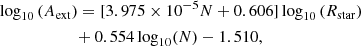 $$ \begin{aligned}&\log _{10}{(A_{\rm ext})} =[3.975\times 10^{-5}N+0.606]\log _{10}{({R_{\rm star}})} \nonumber \\&\qquad \qquad \qquad +0.554\log _{10}(N)-1.510, \end{aligned} $$