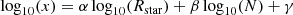 $$ \begin{aligned} \log _{10}(x)=\alpha \log _{10}(R_{\rm star})+ \beta \log _{10}(N)+ \gamma \end{aligned} $$
