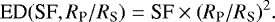 \begin{equation*} {\textrm{ED}(\textrm{SF}, R_{\textrm{P}}/R_{\textrm{S}}) = \textrm{SF} \times (R_{\textrm{P}}/R_{\textrm{S}})^2}. \end{equation*}