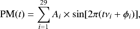 \begin{equation*} {\textrm{PM}(t) = \sum_{i=1}^{29}A_i \times \sin[2\pi(t\nu_i &#x002B; \phi_i)]},\end{equation*}