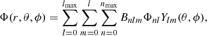 $$ \begin{aligned}&\Phi (r,\theta ,\phi ) = \sum _{l=0}^{l_{\rm max}}\sum _{m=0}^{l}\sum _{n=0}^{n_{\rm max}}B_{nlm}\Phi _{nl}Y_{lm}(\theta ,\phi ), \end{aligned} $$