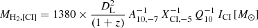 $ M_{\mathrm{H_2,[CI]}} = 1380 \times \frac{D_{\mathrm{L}}^2}{(1+z)}\,A_{10,-7}^{-1}\,X_{\mathrm{CI},-5}^{-1}\, Q_{10}^{-1}\, I_{\mathrm{CI}}\, [{M_{\odot}}] $