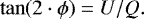 \begin{equation*} \tan( 2 \cdot \phi) = {U/Q}.\end{equation*}