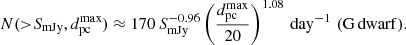 $$ \begin{aligned} N({>}S_{\rm mJy},d^\mathrm{max}_{\rm pc}) \approx 170 \,S_{\rm mJy}^{-0.96} \left(\frac{d_{\rm pc}^\mathrm{max}}{20}\right)^{1.08}\,\mathrm{day}^{-1}\,\,(\mathrm{G\,dwarf}). \end{aligned} $$