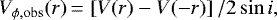 \begin{equation*}V_{\phi,\rm obs}(r)\,{=}\,\left[ V(r)-V(-r) \right] / 2\sin{i}, \end{equation*}