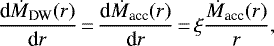 \begin{equation*} \frac{\textrm{d} \dot{M}_{\textrm{DW}}(r)}{\textrm{d}r}\,{=}\,\frac{\textrm{d} \dot{M}_{\textrm{acc}}(r)}{\textrm{d}r}\,{=}\,\xi \frac{\dot{M}_{\textrm{acc}} (r)}{r}, \end{equation*}