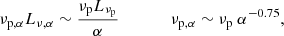 $$ \begin{aligned} \nu _{\rm p, \alpha } L_{\nu , \alpha } \sim \frac{\nu _{\rm p} L_{\nu _{\rm p}}}{\alpha } \qquad \qquad \nu _{\rm p, \alpha } \sim \nu _{\rm p}\ \alpha ^{-0.75}, \end{aligned} $$