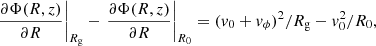 $$ \begin{aligned} \left. \frac{\partial \Phi (R,z)}{\partial R}\right|_{R_{\rm g}} - \left. \frac{\partial \Phi (R,z)}{\partial R}\right|_{R_0} = (v_0+v_{\phi })^2/R_{\rm g} - v_0^2/R_0, \end{aligned} $$