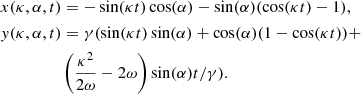 $$ \begin{aligned}&x(\kappa , \alpha , t) = - \sin (\kappa t)\cos (\alpha ) - \sin (\alpha ) (\cos (\kappa t) - 1), \nonumber \\&y(\kappa , \alpha , t) = \gamma (\sin (\kappa t)\sin (\alpha ) + \cos (\alpha ) (1 - \cos (\kappa t)) + \nonumber \\&\qquad \qquad \ \ \left( \frac{\kappa ^2}{2 \omega } - 2 \omega \right) \sin (\alpha ) t/\gamma ). \end{aligned} $$