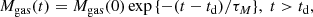 $$ \begin{aligned} M_{\rm gas}(t) = M_{\rm gas}(0) \exp {\{-(t - t_{\rm d})/\tau _{M}\}}, \; t > t_{\rm d} , \end{aligned} $$