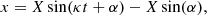 $$ \begin{aligned} x&= X\sin (\kappa t + \alpha ) - X\sin (\alpha ), \end{aligned} $$