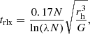 $$ \begin{aligned} t_{\rm rlx} = \frac{0.17 N}{\ln (\lambda N)}\sqrt{\frac{r_{\rm h}^3}{G }}, \end{aligned} $$