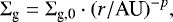 \begin{equation*} \Sigma_{\textrm{g}} = \Sigma_{\textrm{g,0}}\cdot (r/\textrm{AU})^{-p}, \end{equation*}