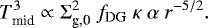 \begin{equation*} T_{\textrm{mid}}^3 \propto \Sigma_{\textrm{g,0}}^2 ~f_{\textrm{DG}}~\kappa~\alpha~r^{-5/2}. \end{equation*}