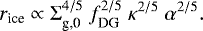 \begin{equation*}r_{\textrm{ice}} \propto \Sigma_{\textrm{g,0}}^{4/5} ~ f_{\textrm{DG}}^{2/5} ~\kappa^{2/5}~\alpha^{2/5}. \end{equation*}