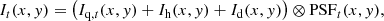 $$ \begin{aligned} I_t(x, y) = \big (I_{\mathrm{q}, t}(x, y) + I_{\mathrm{h}}(x, y) + I_{\mathrm{d}}(x, y) \big ) \otimes \mathrm{PSF}_t(x, y), \end{aligned} $$