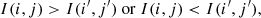 $$ \begin{aligned} I(i,j) > I(i^{\prime }, j^{\prime })\ \mathrm{or }\ I(i,j) < I(i^{\prime },j^{\prime }), \end{aligned} $$