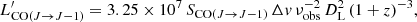 $$ \begin{aligned} L^{\prime }_{\mathrm{CO}(J\rightarrow J-1)}=3.25\times 10^7\,S_{\mathrm{CO}(J\rightarrow J-1)}\,\Delta v\,\nu _{\rm obs}^{-2}\,D_{\rm L}^2\,(1+z)^{-3}, \end{aligned} $$