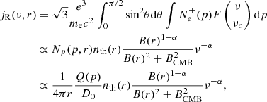 $$ \begin{aligned}&j_{\rm R}(\nu ,r)=\sqrt{3}\frac{e^3}{m_{\rm e}c^2}\int _0^{\pi /2}\mathrm{sin}^2\theta \mathrm{d}\theta \int N_e^{\pm }(p)F\left(\frac{\nu }{\nu _c}\right)\mathrm{d}p\nonumber \\&\qquad \qquad \propto N_p(p,r)n_{\rm th}(r)\frac{B(r)^{1+\alpha }}{B(r)^2+B_{\rm CMB}^2}\nu ^{-\alpha }\nonumber \\&\qquad \qquad \propto \frac{1}{4 \pi r}\frac{Q(p)}{D_0}n_{\rm th}(r)\frac{B(r)^{1+\alpha }}{B(r)^2+B_{\rm CMB}^2}\nu ^{-\alpha }, \end{aligned} $$