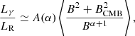$$ \begin{aligned} \frac{L_{\gamma }}{L_{\rm R}}\simeq A(\alpha ) \left\langle \frac{B^2+B_{\rm CMB}^2}{B^{\alpha +1}} \right\rangle ,\end{aligned} $$