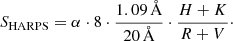 $$ \begin{aligned} S_{\rm HARPS} = \alpha \cdot 8 \cdot \frac{1.09\,{\AA }}{20\,{\AA }} \cdot \frac{H + K}{R + V}\cdot \end{aligned} $$