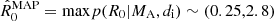 $ \hat{R}^{\mathrm{MAP}}_{0}=\mathrm{max} p(R_0|M_{\mathrm{A}},d_{\mathrm{i}})\sim(0.25,2.8) $