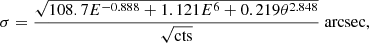 $$ \begin{aligned} \sigma = \frac{{\sqrt {108.7{E^{ - 0.888}} + 1.121{E^6} + 0.219{\theta ^{2.848}}} }}{{\sqrt {{\rm{cts}}} }}\;{\rm{arcsec}}, \end{aligned} $$
