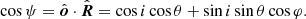$$ \begin{aligned} \cos \psi =\hat{\boldsymbol{o}} \cdot \hat{\boldsymbol{R}} = \cos i \cos \theta + \sin i \sin \theta \cos \varphi . \end{aligned} $$
