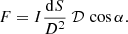 $$ \begin{aligned} F= I \frac{\mathrm{d}S}{D^2}\ \mathcal{D} \,\cos \alpha . \end{aligned} $$
