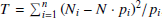 $ T = \sum\nolimits_{i=1}^{n} {(N_i - N \cdot p_i)^2}/{p_i} $