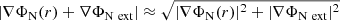 $$ \begin{aligned} |\nabla \Phi _{\rm N}(r) + \nabla \Phi _{\rm N~ext}| \approx \sqrt{\vert \nabla \Phi _{\rm N}(r)\vert ^2 + \vert \nabla \Phi _{\rm N~ext }\vert ^2} \end{aligned} $$